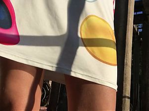 Sexy panties under the shorts dress. Look under short dress. Girl go to walk. Camera under the short skirt. Hot pussy o