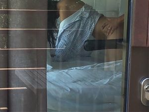Voyeur caught couple having sex behind the opened curtains, doggy style cumshot 