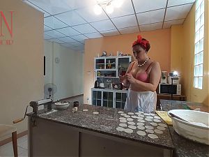 Nudist housekeeper Regina Noir cooking at the kitchen. Naked maid makes dumplings. Naked cooks. Bra 1